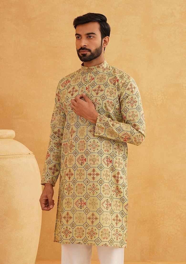 Green Printed Poly Blend Kurta Set For Men