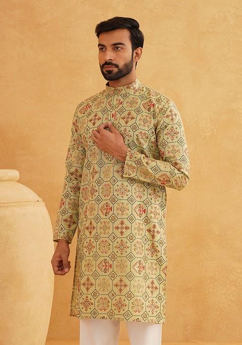 Green Printed Poly Blend Kurta Set For Men
