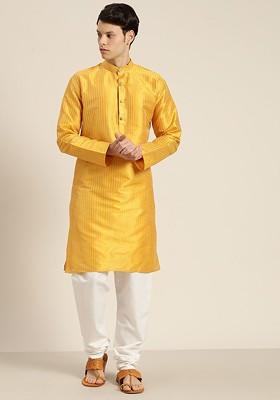 Mustard Woven Poly Blend Kurta Set For Men