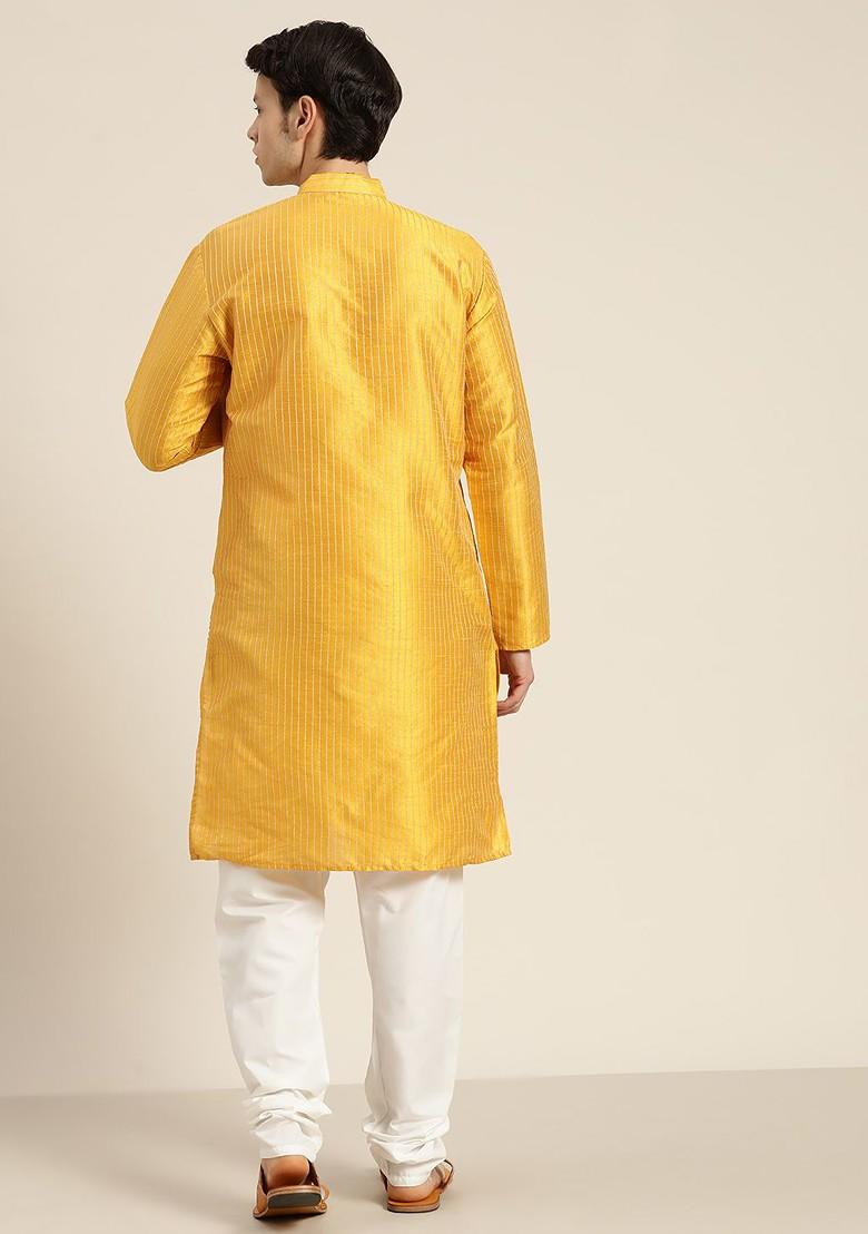 Mustard Woven Poly Blend Kurta Set For Men