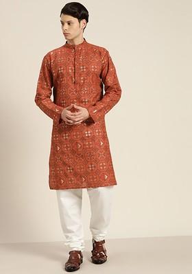 Orange Printed Poly Blend Kurta Set For Men