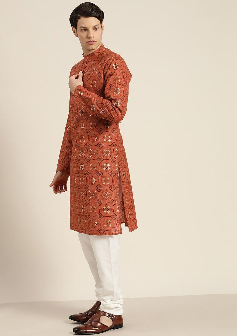 Orange Printed Poly Blend Kurta Set For Men