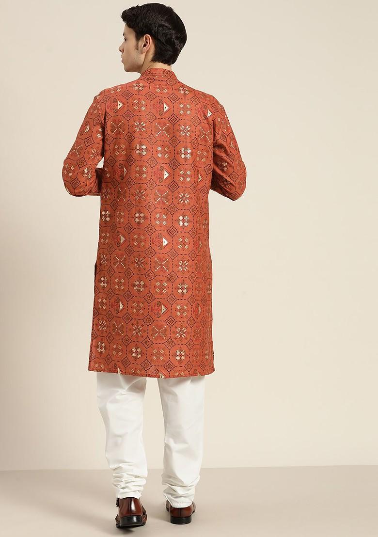 Orange Printed Poly Blend Kurta Set For Men