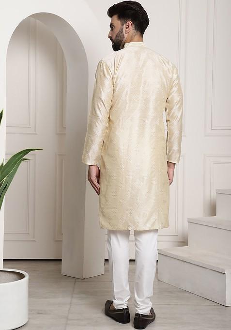 Gold Woven Poly Blend Kurta Set For Men