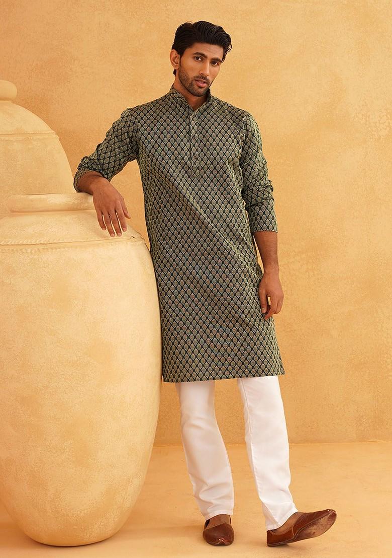 Green Ethnic Motifs Poly Blend Kurta Set For Men