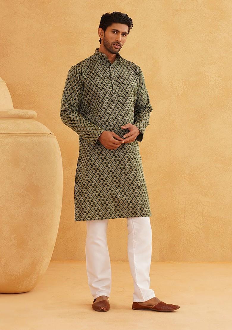 Green Ethnic Motifs Poly Blend Kurta Set For Men