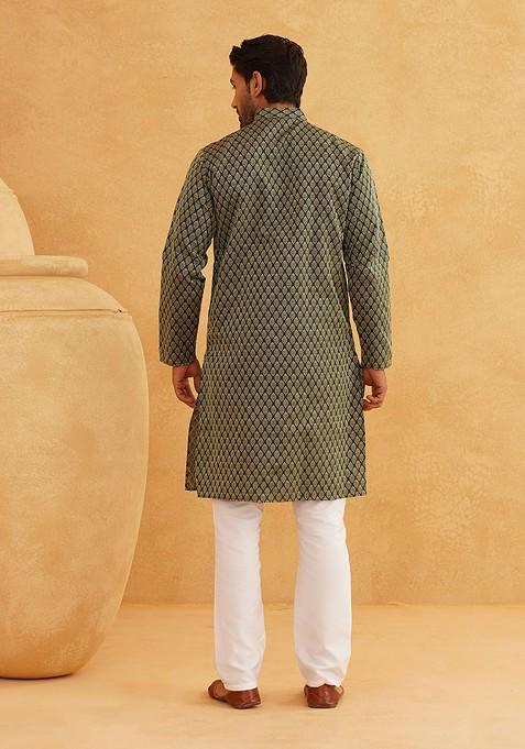 Green Ethnic Motifs Poly Blend Kurta Set For Men