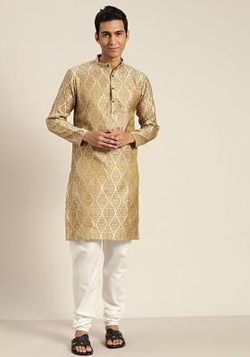 Beige Solid Poly Blend Kurta Set For Men