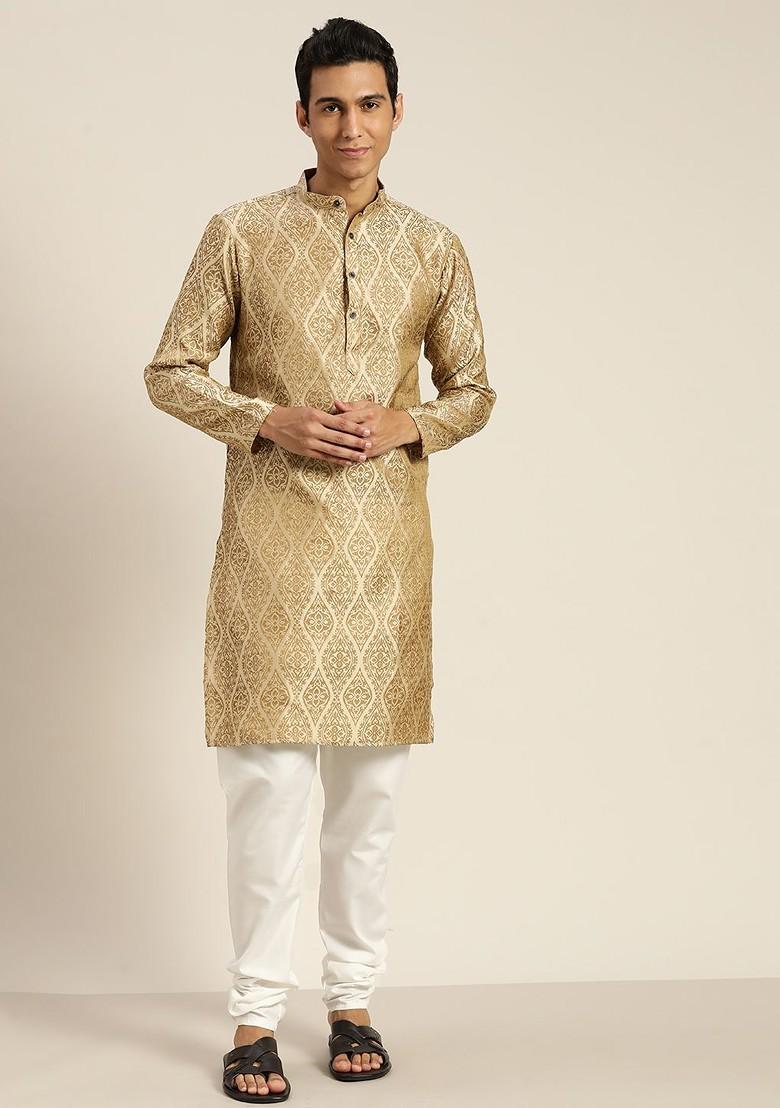 Beige Solid Poly Blend Kurta Set For Men