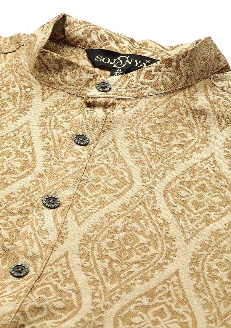 Beige Solid Poly Blend Kurta Set For Men - Indya