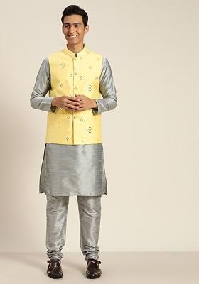 Grey Mirror Work Poly Blend Kurta Set For Men