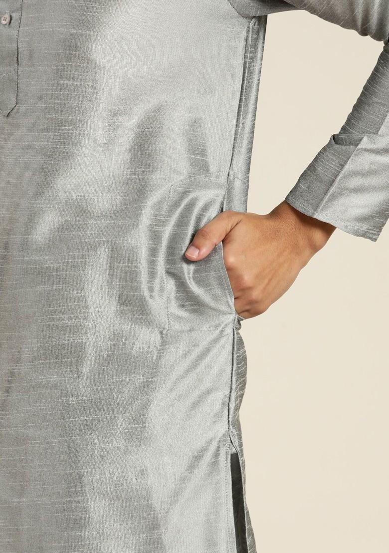 Grey Mirror Work Poly Blend Kurta Set For Men