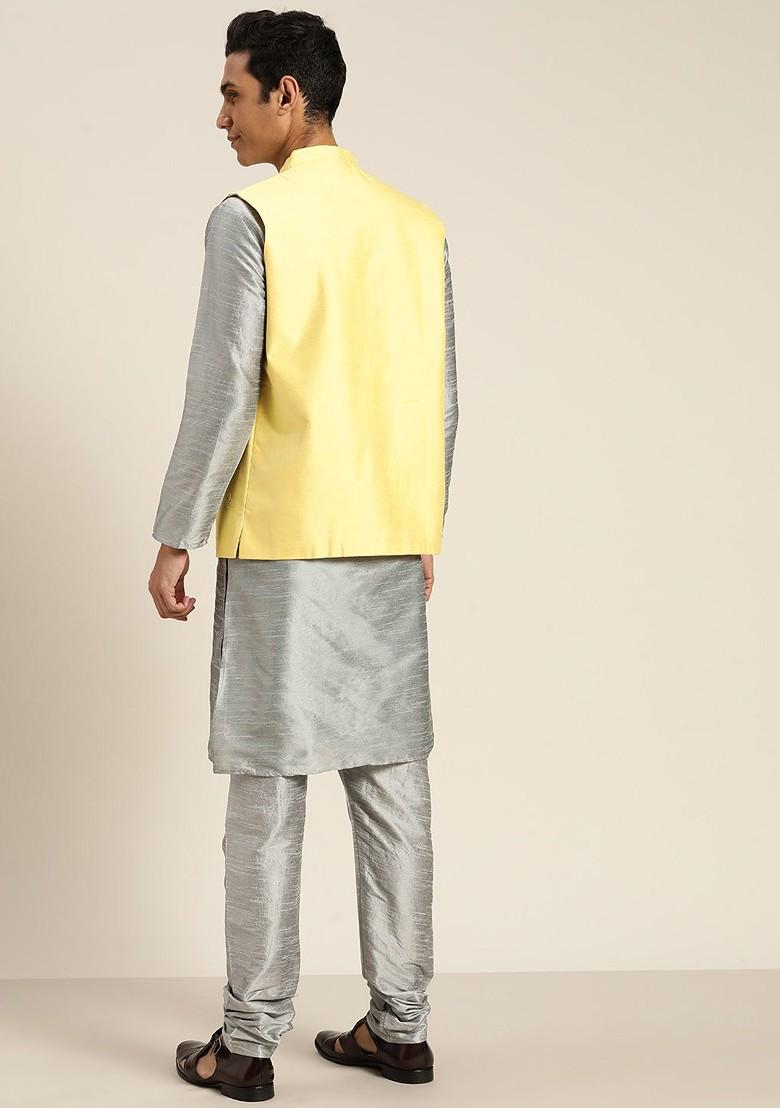 Grey Mirror Work Poly Blend Kurta Set For Men
