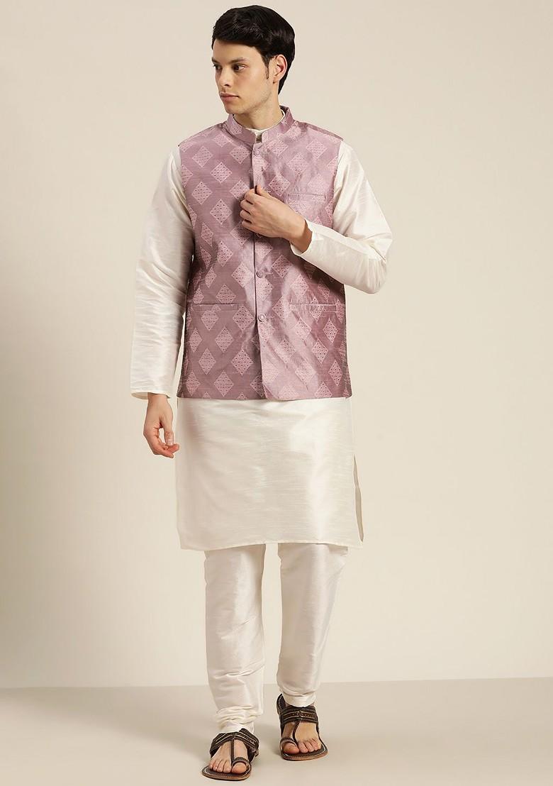 Off White Solid Poly Blend Kurta Set For Men