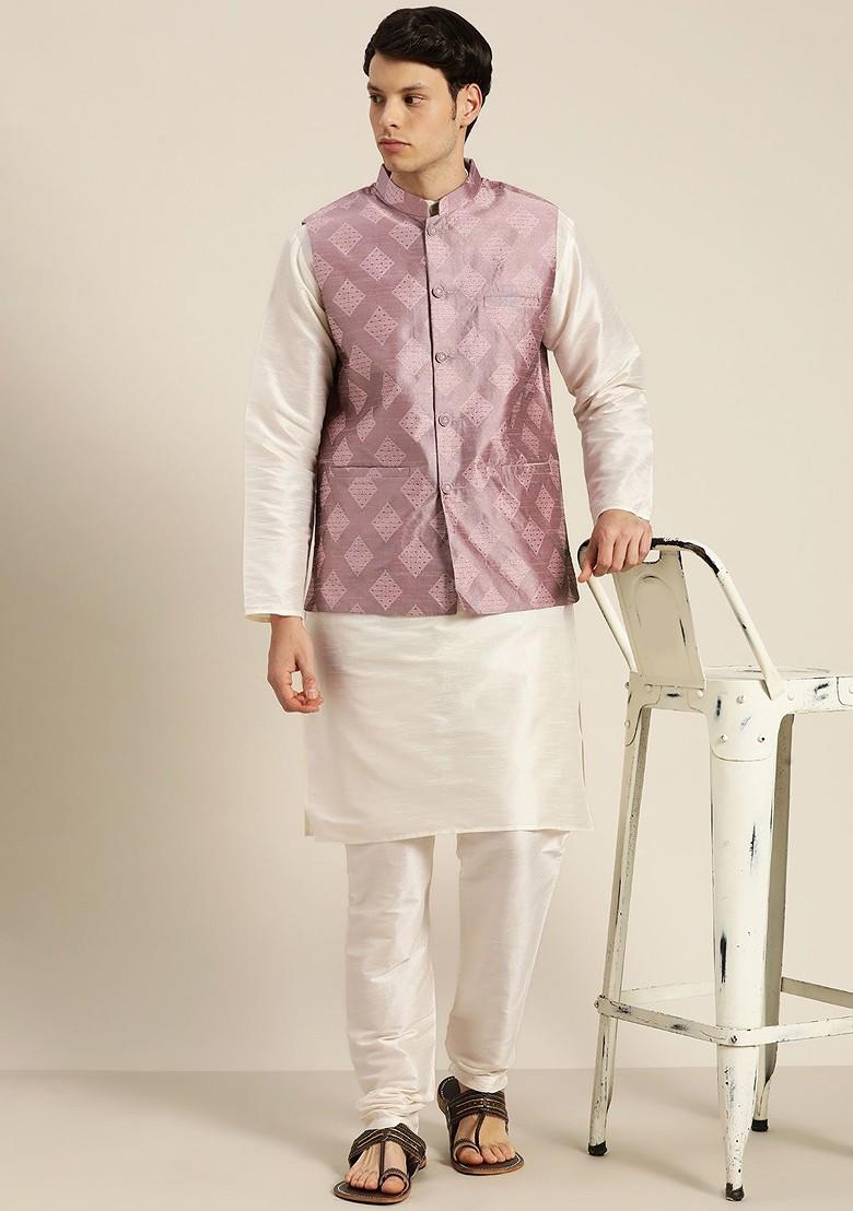 Off White Solid Poly Blend Kurta Set For Men
