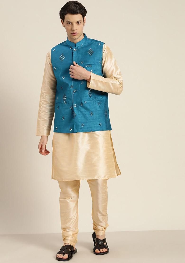 Gold Solid Poly Blend Kurta Set For Men