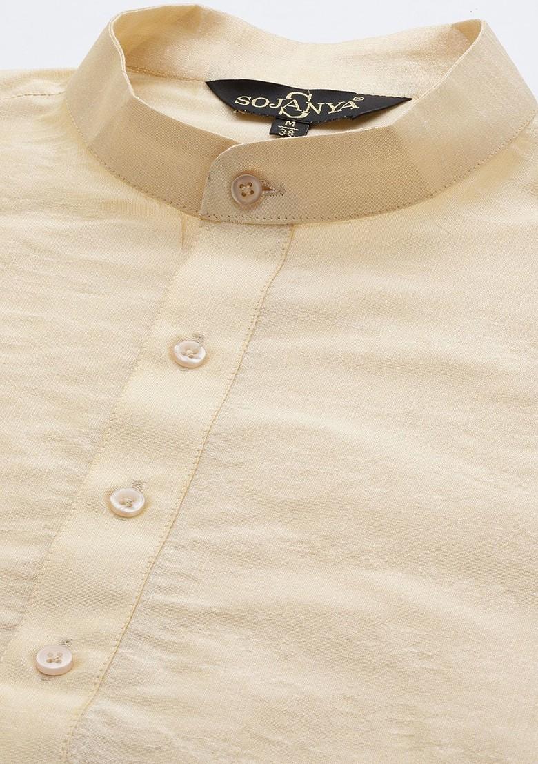 Gold Solid Poly Blend Kurta Set For Men
