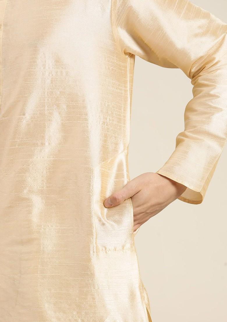 Gold Solid Poly Blend Kurta Set For Men