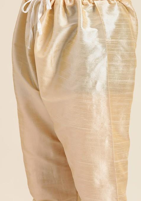 Gold Solid Poly Blend Kurta Set For Men