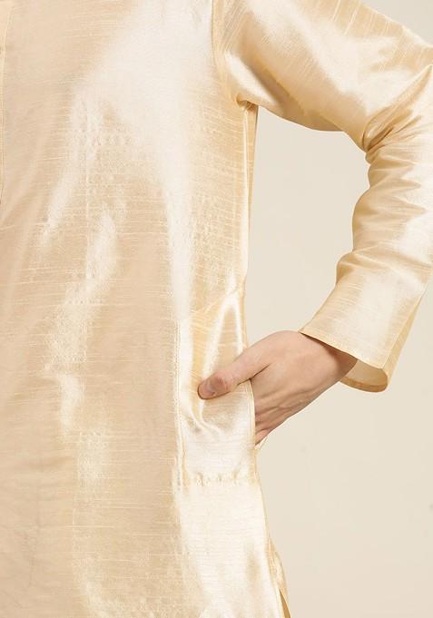 Gold Solid Poly Blend Kurta Set For Men