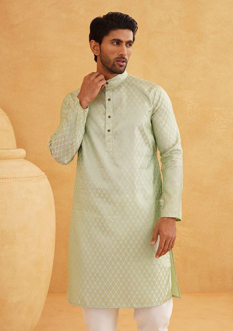 Green Ethnic Motifs Poly Blend Kurta Set For Men