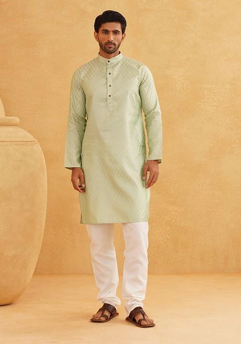 Green Ethnic Motifs Poly Blend Kurta Set For Men