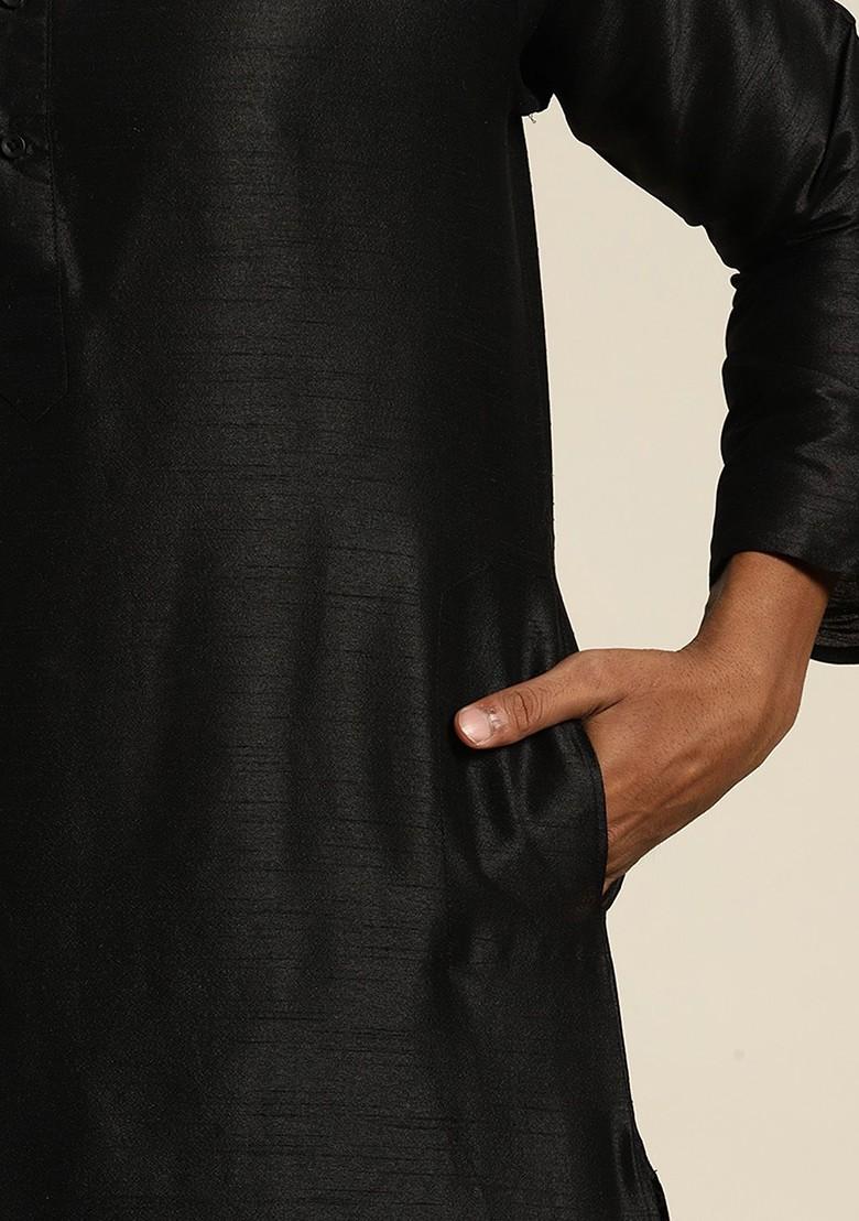 Black Solid Cotton Kurta Set For Men
