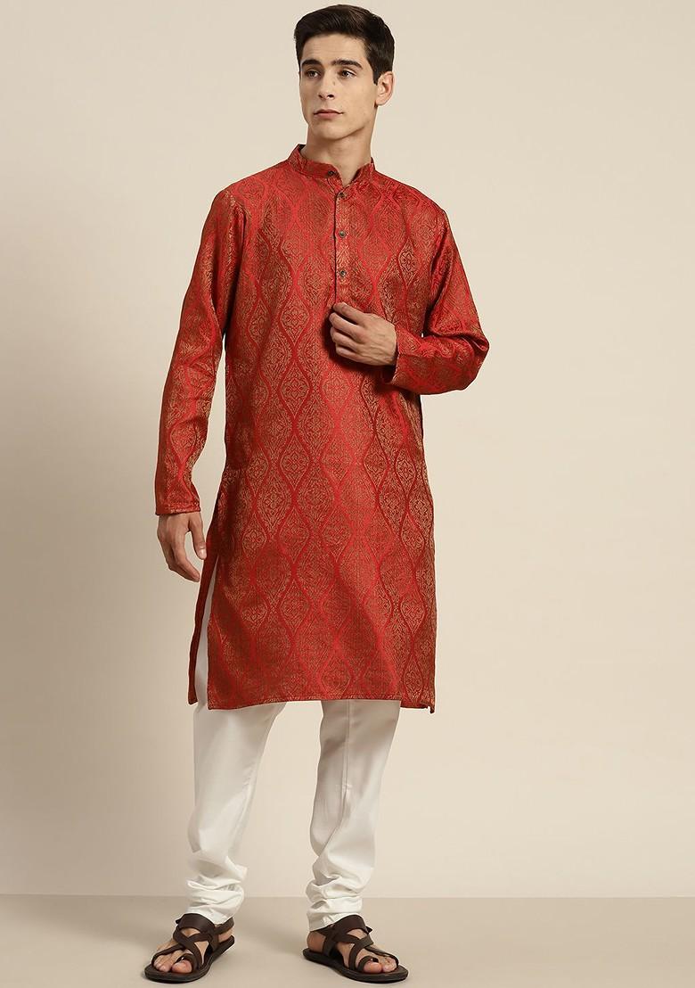 Red Ethnic Motifs Cotton Kurta Set For Men
