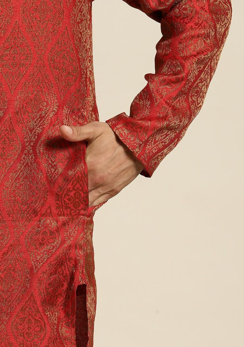 Red Ethnic Motifs Cotton Kurta Set For Men