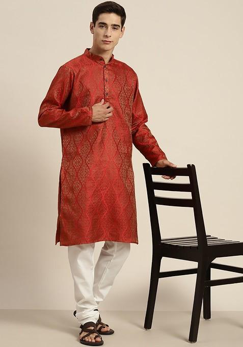 Red Ethnic Motifs Cotton Kurta Set For Men