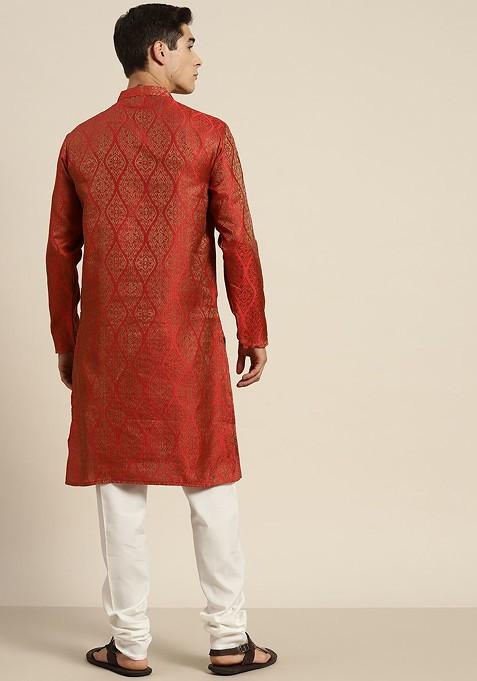 Red Ethnic Motifs Cotton Kurta Set For Men