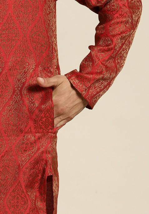 Red Ethnic Motifs Cotton Kurta Set For Men