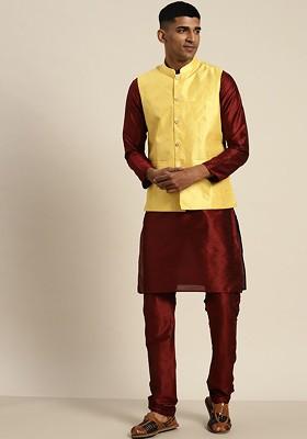 Maroon Solid Cotton Kurta Set For Men