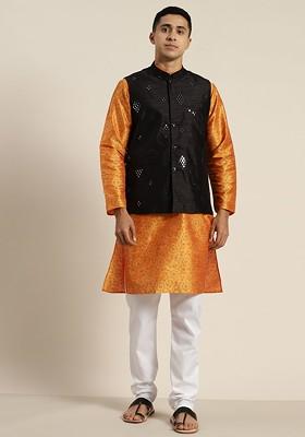 Orange Printed Poly Blend Kurta Set For Men