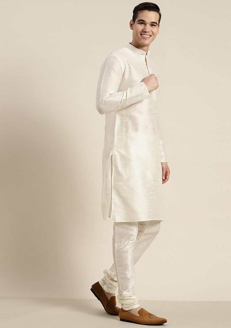 Cream Solid Poly Blend Kurta Set For Men