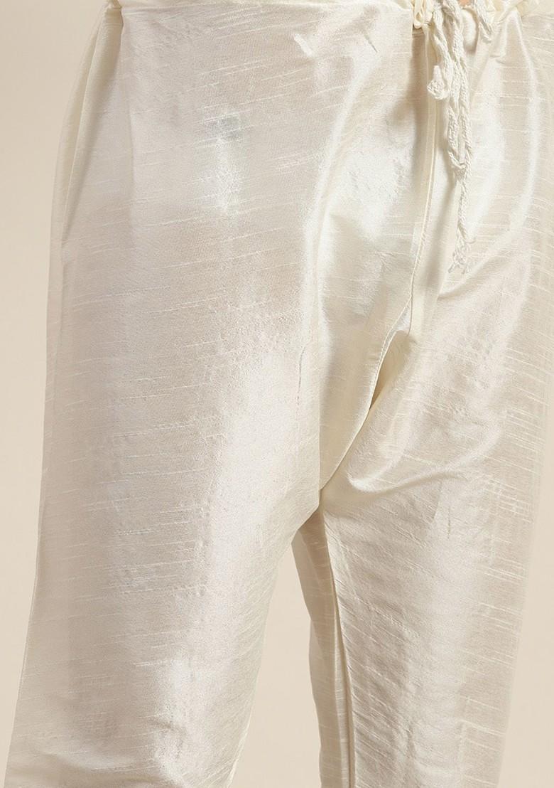 Cream Solid Poly Blend Kurta Set For Men