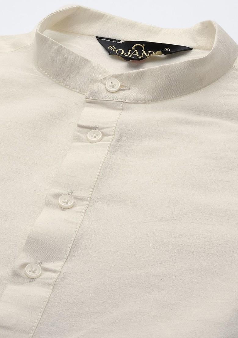 Off White Solid Poly Blend Kurta Set For Men