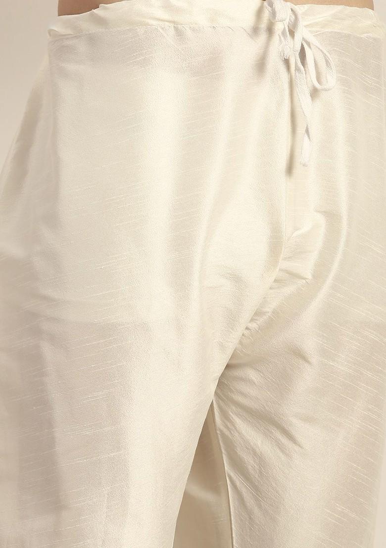 Off White Solid Poly Blend Kurta Set For Men