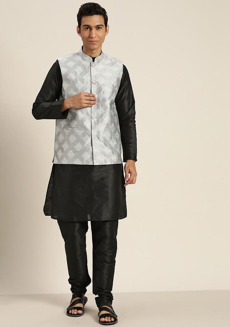 Black Solid Poly Blend Kurta Set For Men