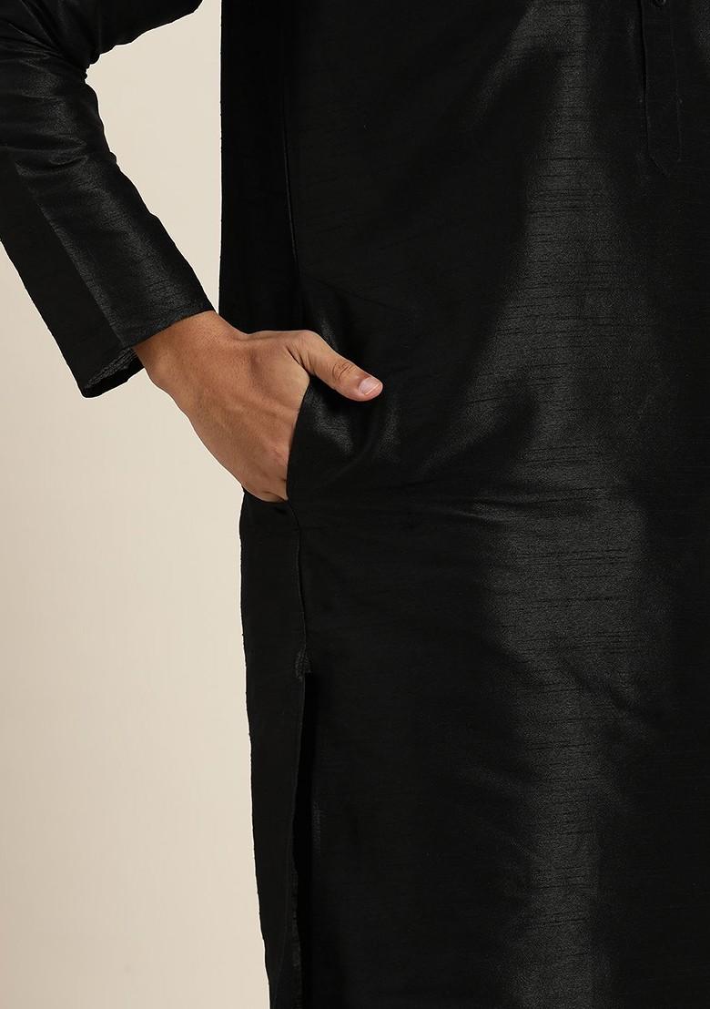 Black Solid Poly Blend Kurta Set For Men