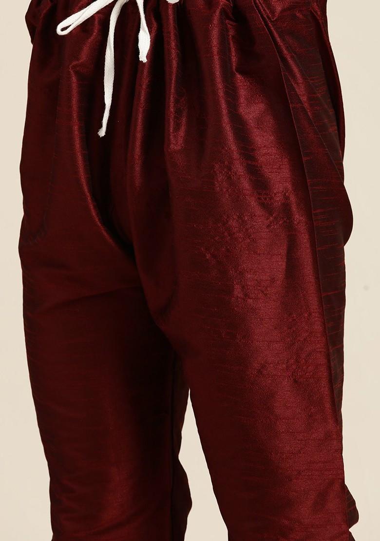 Maroon Solid Poly Blend Kurta Set For Men