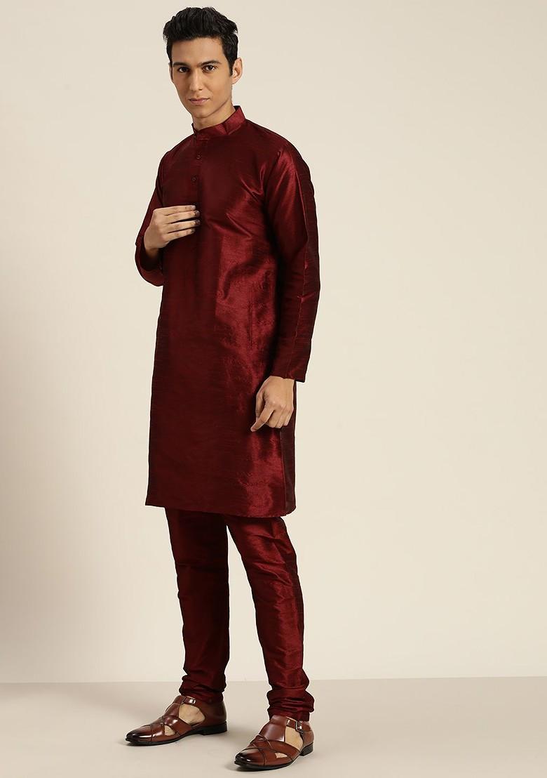 Maroon Solid Poly Blend Kurta Set For Men