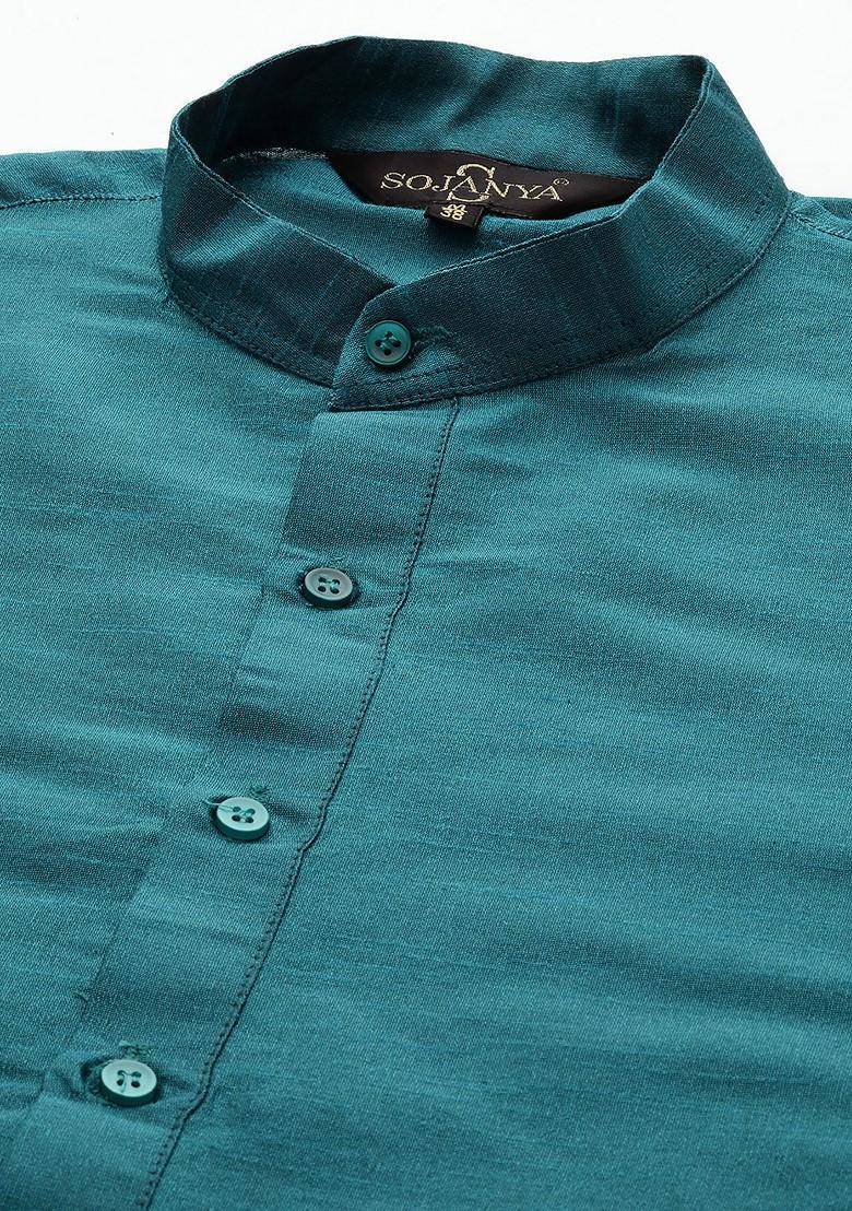 Teal Blue Solid Poly Blend Kurta Set For Men