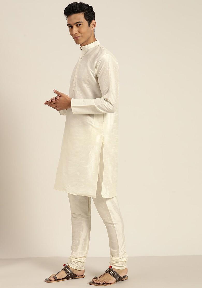 Off White Solid Poly Blend Kurta Set For Men