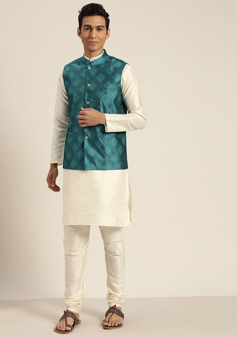Off White Solid Poly Blend Kurta Set For Men