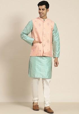 Sea Green Woven Poly Blend Kurta Set For Men