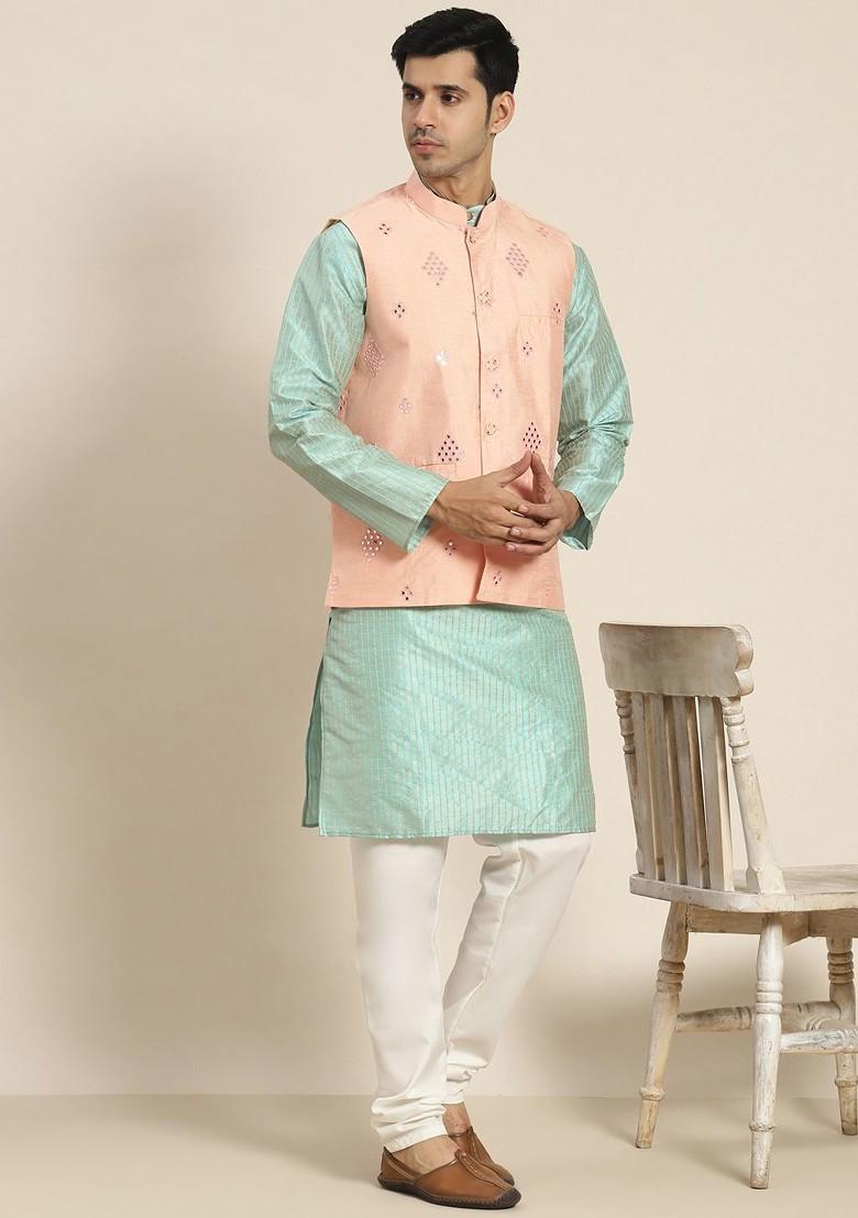 Sea Green Woven Poly Blend Kurta Set For Men