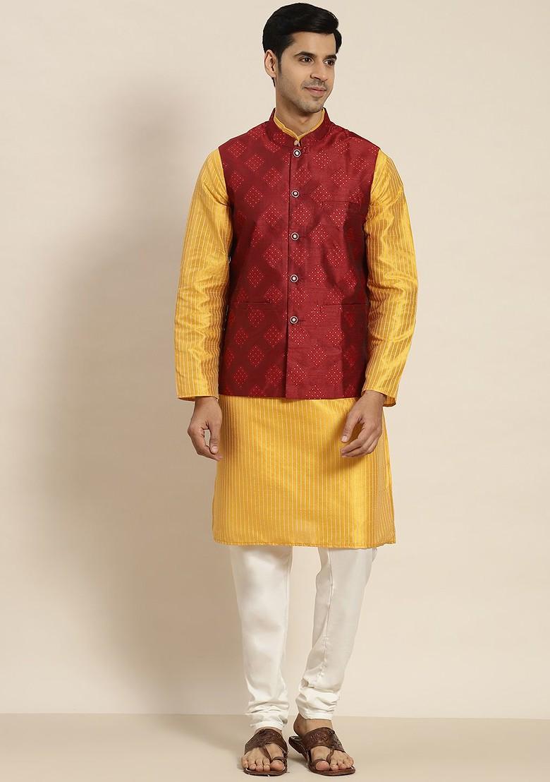 Mustard Woven Poly Blend Kurta Set For Men
