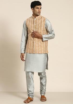 Grey Woven Poly Blend Kurta Set For Men
