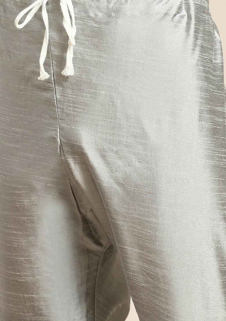 Grey Woven Poly Blend Kurta Set For Men